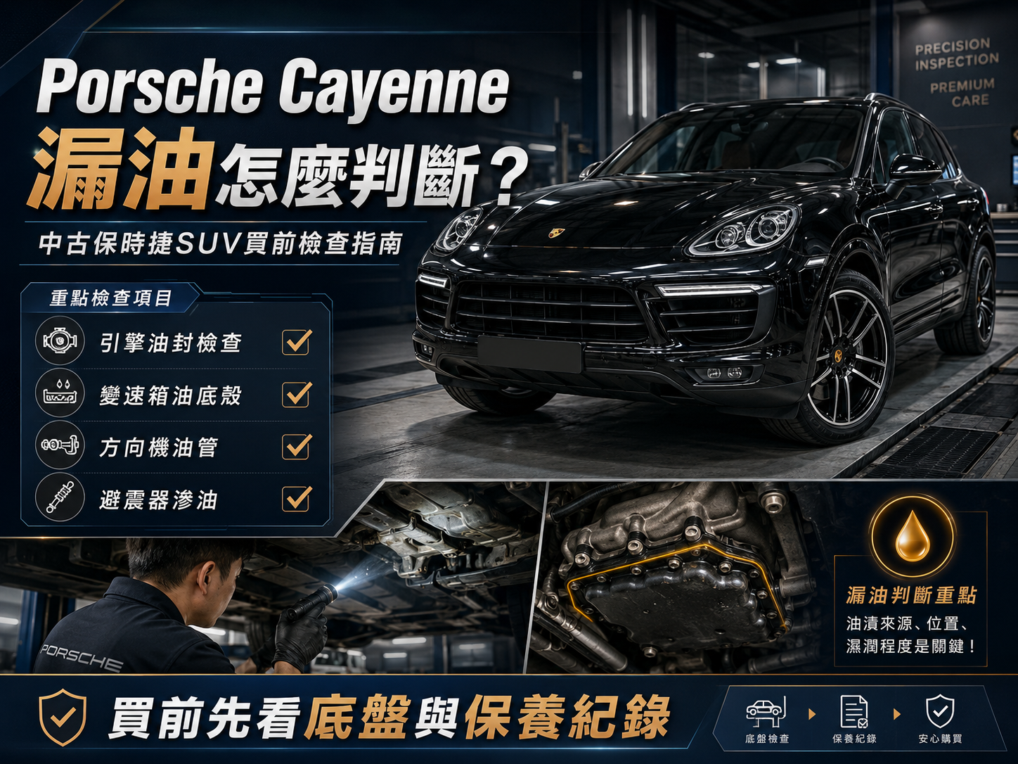 Porsche Cayenne漏油怎麼判斷？中古保時捷SUV買前檢查指南
