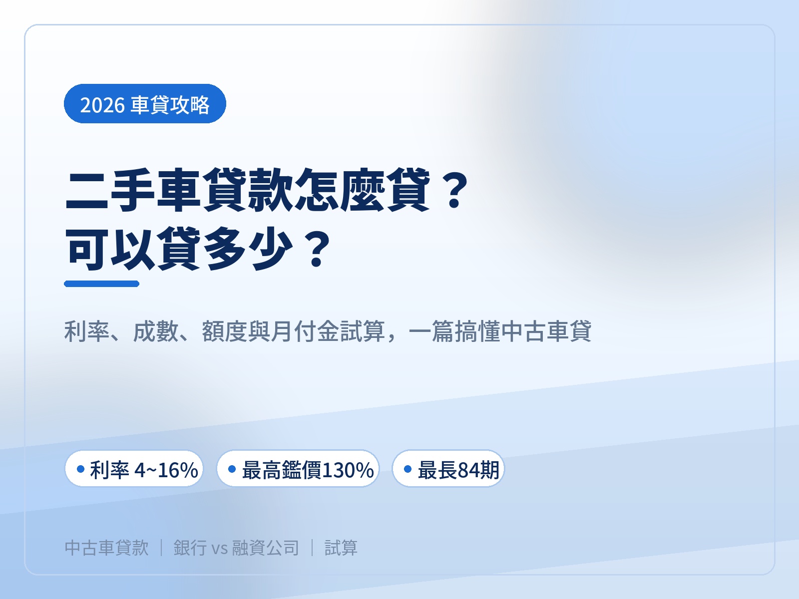 二手車貸款怎麼貸？2026中古車貸利率、成數與額度試算全攻略